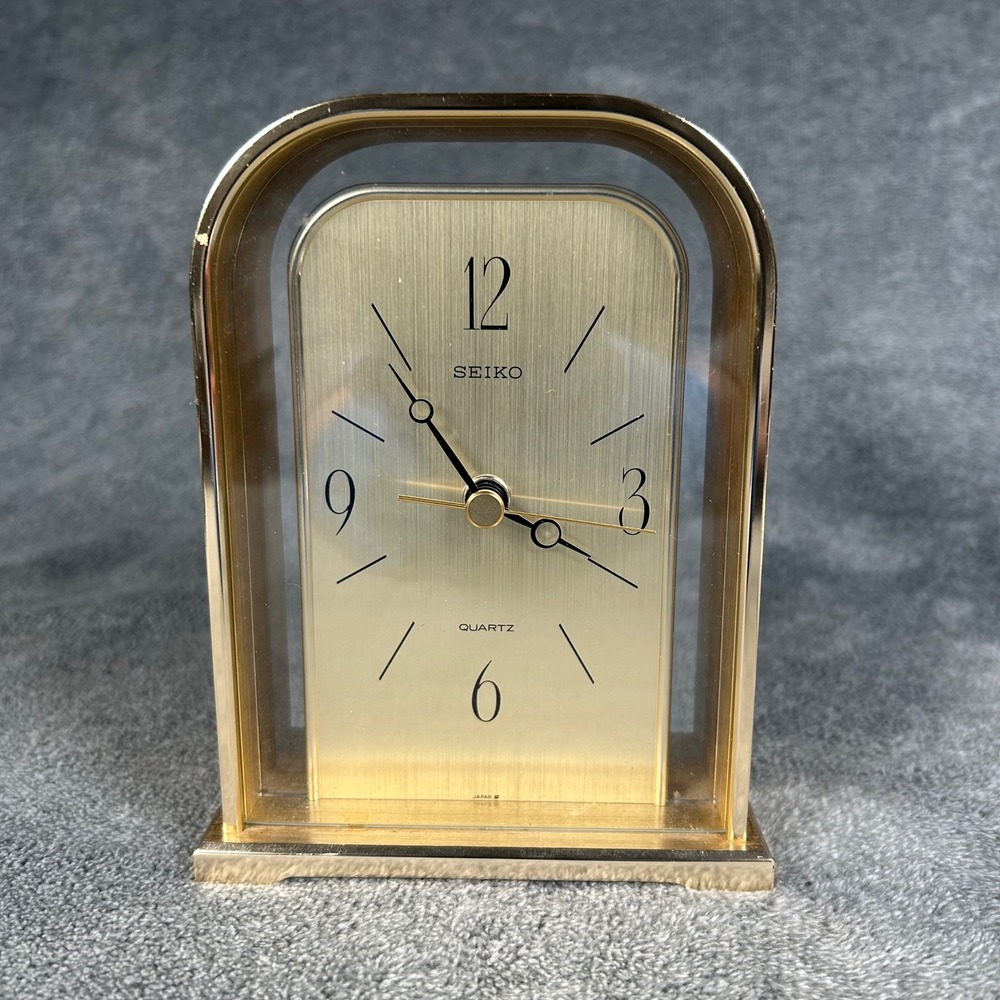 Vintage Seiko Quartz Desk Clock Gold Tone Arched QQZ165G Cal 28503E Japan